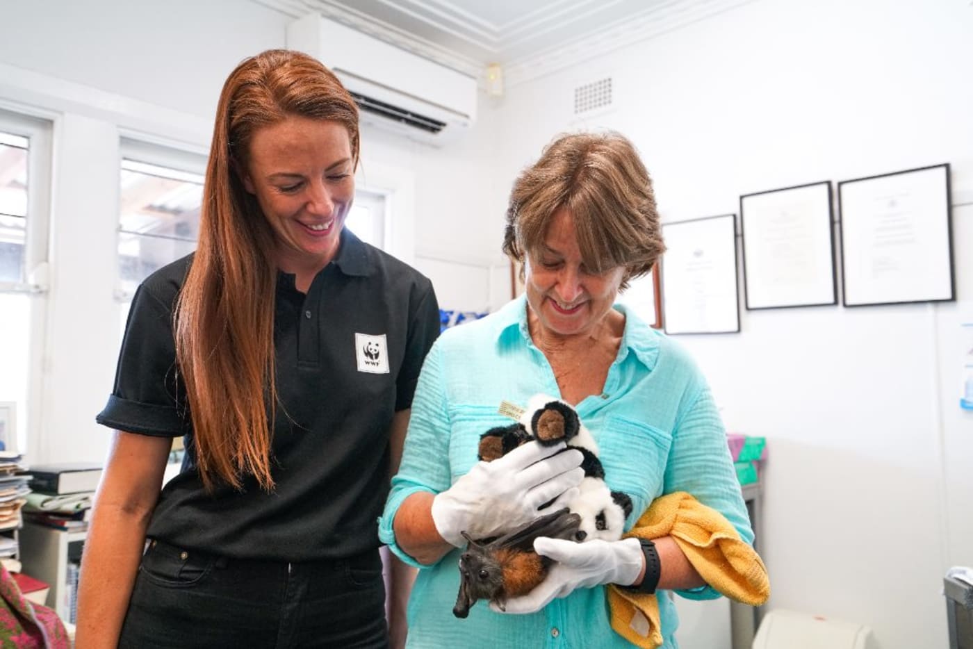 Abigail Sexton and Anne Cherry with Jack= a flying fox bat in care at Milton Village