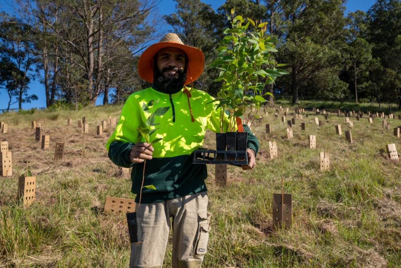 Jye Glass= EcoCrews= planting trees at a South Coast farm to create corridors for koalas and other species in bushfire-affected areas