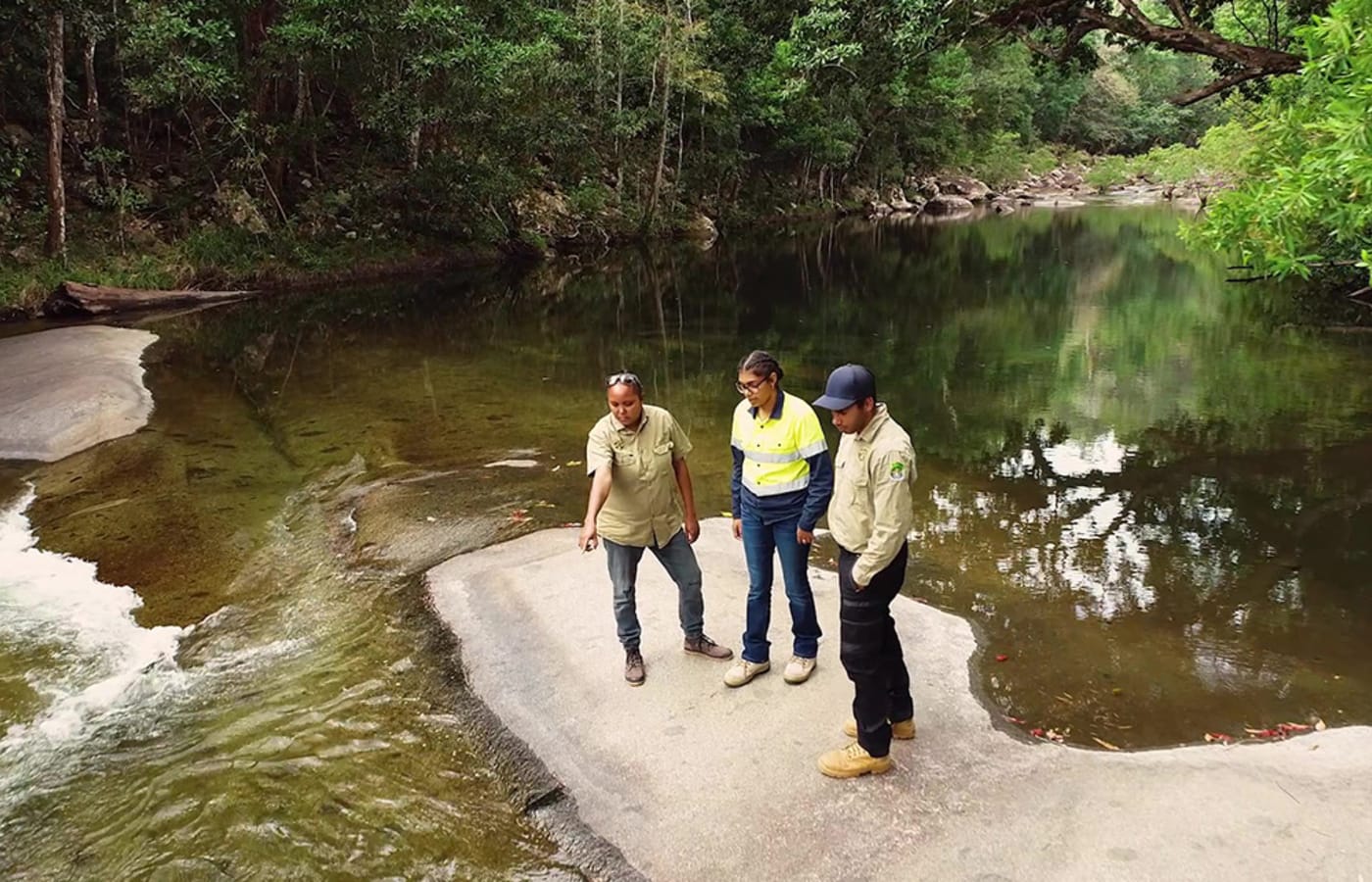 Girringun IPA Coordinator Whitney Rassip with Girringun Rangers Destiny Morganson and Jackson Cassady surveying the Girringun Region Indigenous Protected Areas