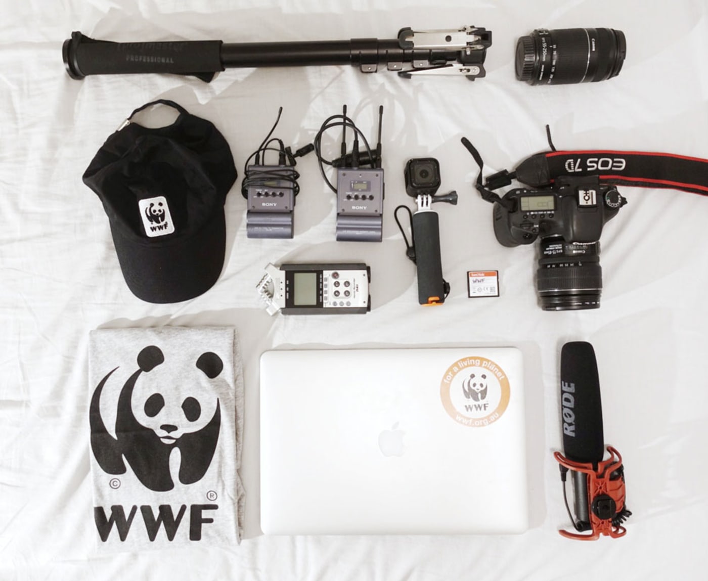 Content production field kit flatlay