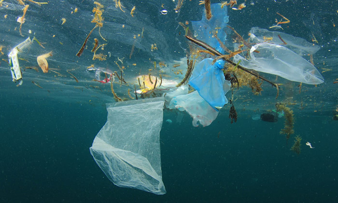 Plastic bag and rubbish floating in ocean