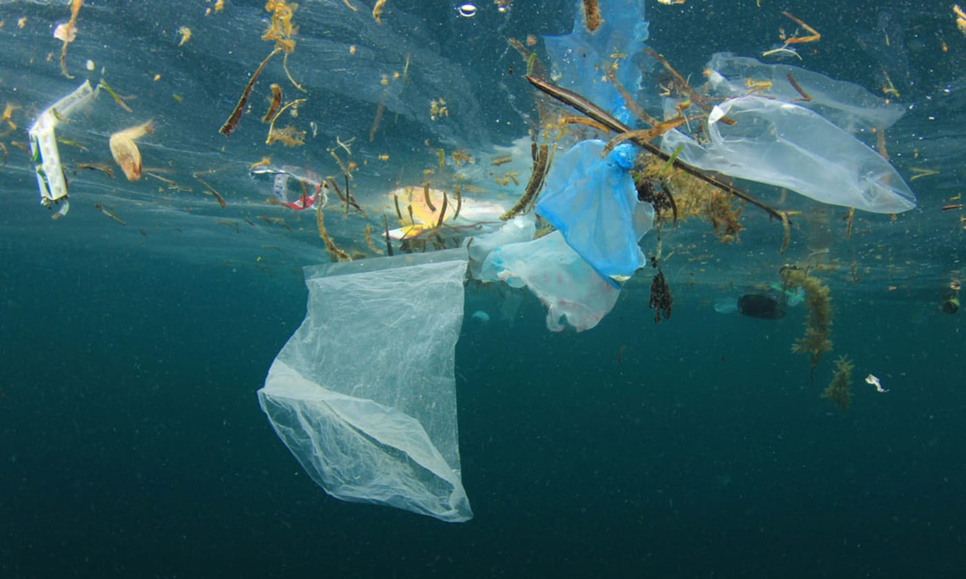 Plastic pollution - a plastic bag and rubbish float in the ocean