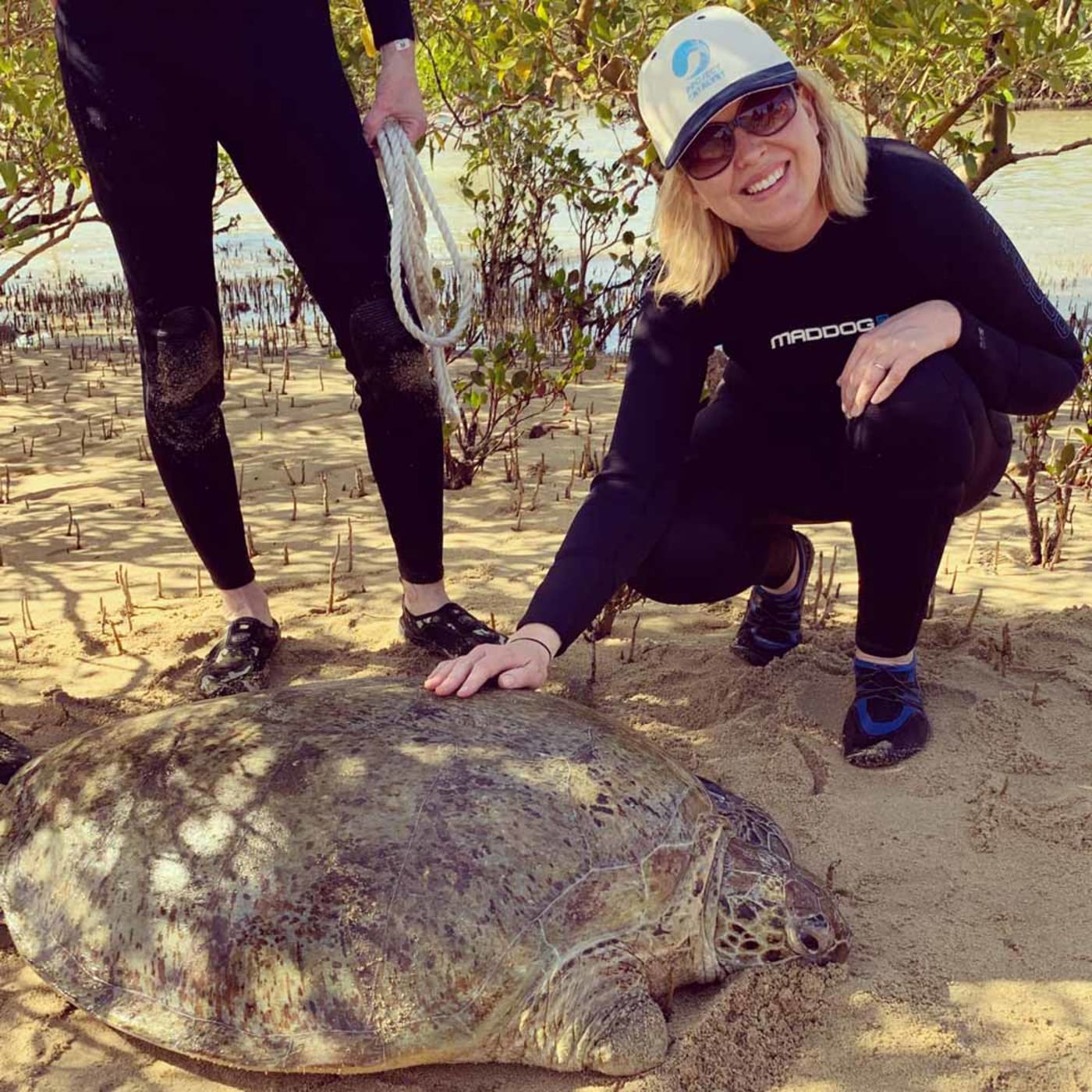 Rachel Lowry, Chief Conservation Officer of WWF-Australia with a hawksbill turtle