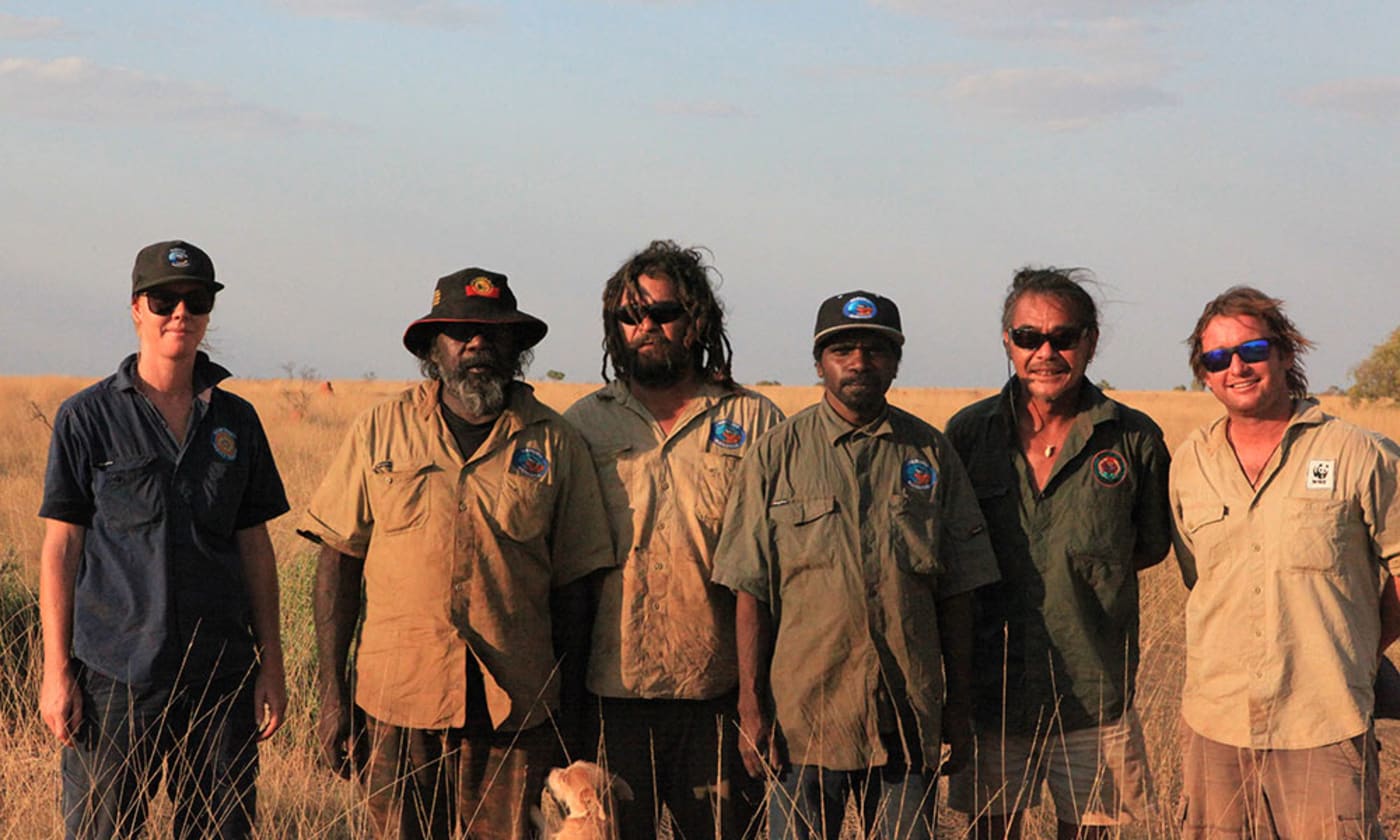 The team that discovered the night parrot= including Indigenous Protected Area Coordinator Erin Flynn= Traditional Owner Hanson Pye= Paruku Ranger Coordinator Jamie Brown= Paruku Ranger Lachlan Johns= Neil Hamaguchi= Environs Kimberley= and Alexander Watson= WWF-Australia