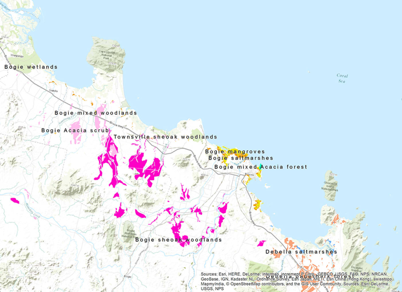 Map of unprotected ecosystems in Bowen region