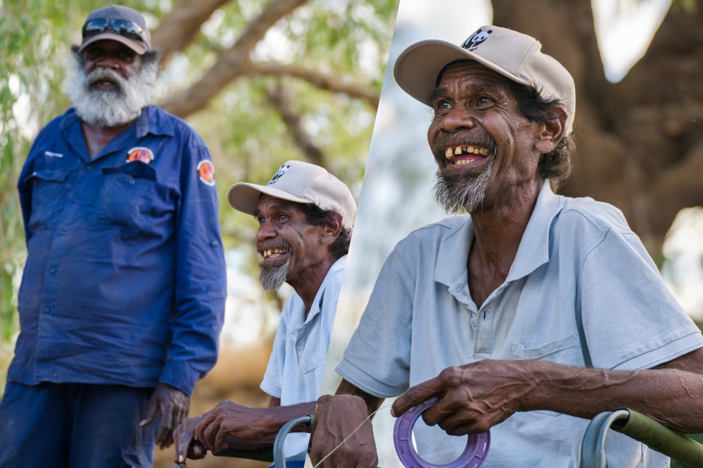 William Watson (Head Nyikina Mangala Ranger) and Pius Gregory (WWF-Australia) yarn on the banks of the Martuwarra (Fitzroy River), Camballin, West Kimberley region, WA.