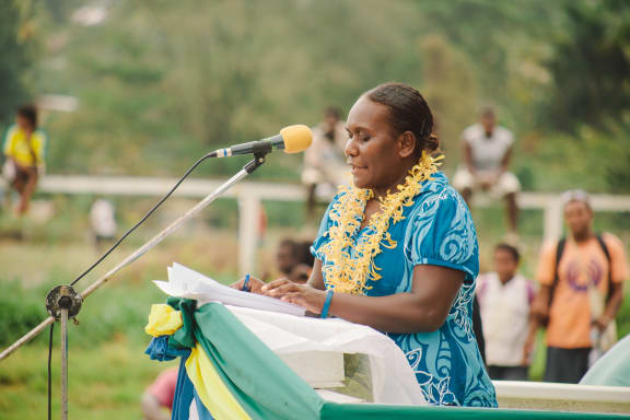 Salome Topo, Sustainable Livelihoods Officer, WWF-SI giving a speech at the Women’s Saving Club launching celebration, Gizo, Solomon Islands