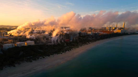 Aerial view fo smoke rising from a coal fired powerplant