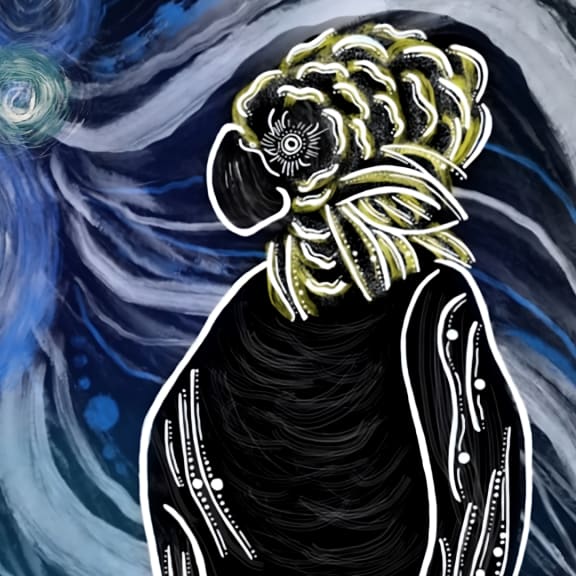 Indigenous art depicting the glossy black cockatoo by Gumbaynggirr, Bundjalung and Kalkadoon artist Fileisha Laurie