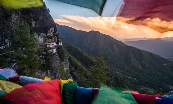 View of monastery of Paro Taktsang (Tiger's Nest) at sunset, Bhutan