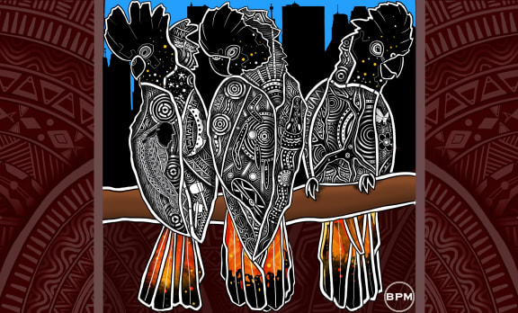 Indigenous Glossy Black Cockatoo against city skyline Art Wallpaper from Beau Pennefather-Motlop
