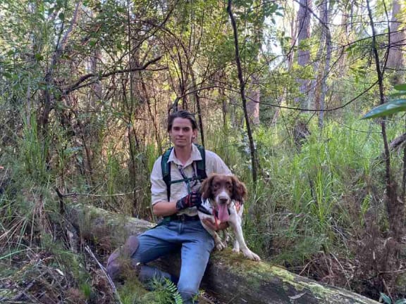 Jack Nesbitt (conservation scent detection dog trainer and handler) and CFW detection dog Max, on a koala survey in Bundjalung State Conservation Area, NSW.
