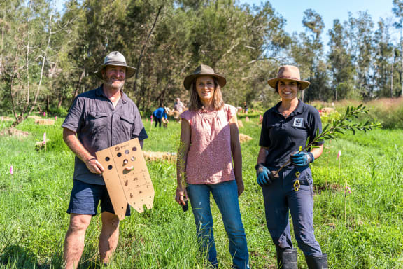 Eastern Forest Nursery Manager Humphrey Herington, Greens MP Sue Higginson, and WWF Koalas Forever project officer Maria Borges at the planting of some of Claude’s lunch leftovers on Sue’s farm, beside Eastern Forest Nursery.