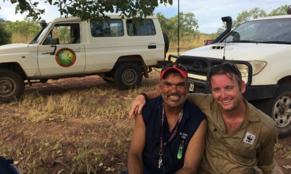Alexander Watson, Kimberley Program Manager and James Birdy Gallagher, Balanggarra Ranger in Wyndham, Kimberley, March 2017. Prescribed burning to protect Gouldian finch nest boxes and important breeding habitat and also protect the town of Wyndham against hot late season wild fires.