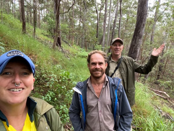Harry Hackett, Dave Rawlins, and Locky Cooper searching for glossy black-cockatoos
