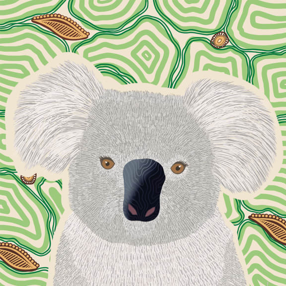 Indigenous koala art from Wiradjuri and Gundungurra artist Sarah Levett (square).