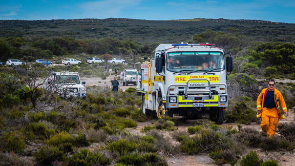 Marion Bay CFS member Romeo Ljubicic leading the way for the CFS fire vehicle in preparation for the burn at Dhilba Guuranda-Innes National Park