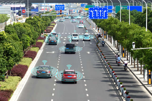 Smart car (HUD). Autonomous self-driving mode vehicle on metro city road iot concept with graphic sensor radar signal system and internet sensor connect.