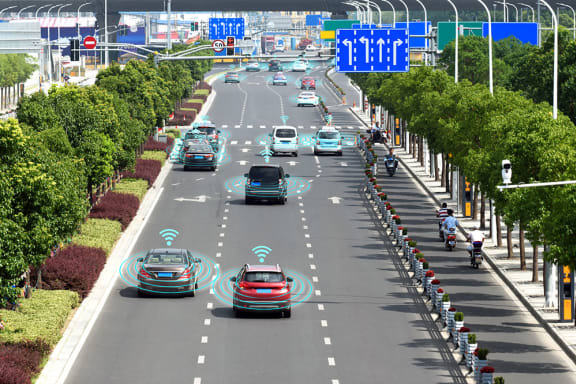 Smart car (HUD). Autonomous self-driving mode vehicle on metro city road iot concept with graphic sensor radar signal system and internet sensor connect.