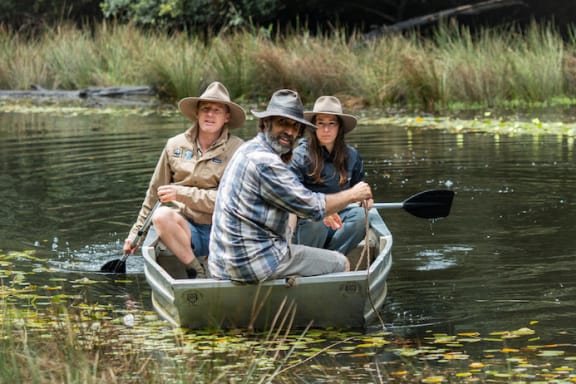 UNSW researchers Gilad Bino (middle) and Tahneal Hawke (right) and WWF-Australia’s Rob Brewster (left) survey potential platypus habitat as part of a project to return platypus to the Royal National Park in Sydney