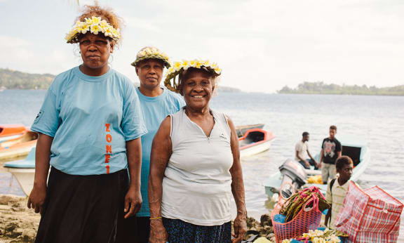 Jenny Tioko with Jane Masela and her mother arrive for the launching parade (Zone 1). Gizo= Solomon Islands= 20 June 2014