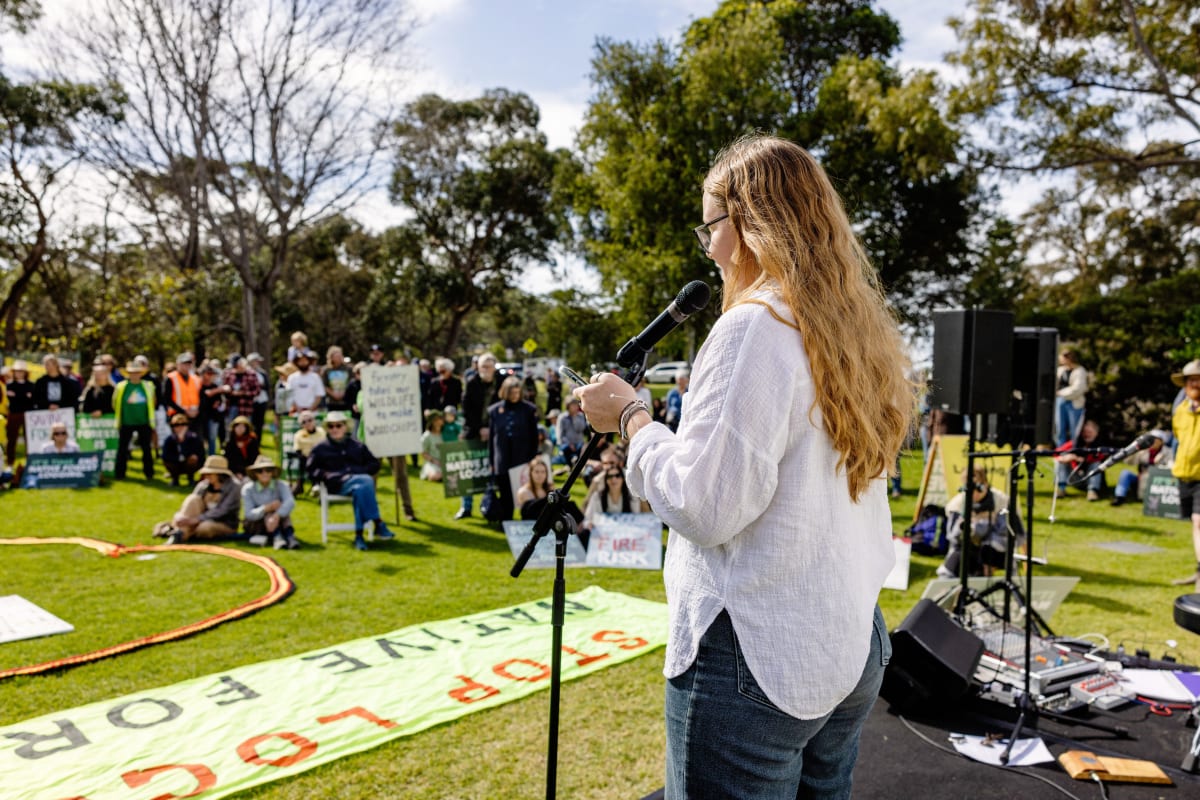 Takesa Frank delivering the Acknowledgement of Country at a Bob Brown Foundation Rally in Ulladulla she organised.