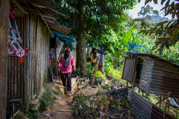 Ayu walks alongside the wooden wall of her home. She is wearing a pink short, black pants and sandals. There are other people and trees in the surrounding bush.