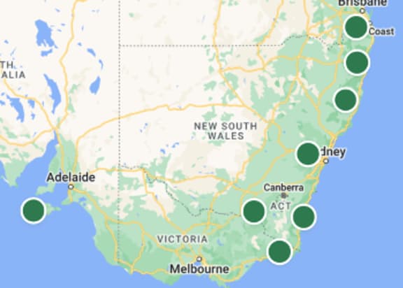 A map shows the eight regions surveyed by wildlife cameras during Eyes on Recovery. The map shows south eastern Australia, with green dots indicating survey sights along the east coast, near Canberra, and on Kangaroo Island in South Australia.
