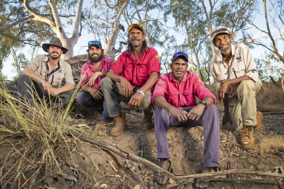 Left to right: Nick Weigner (WWF); Nyaliga Rangers Silas Purcell, Thomas Birch, Clayton Victor; and Pius Gregory (WWF)