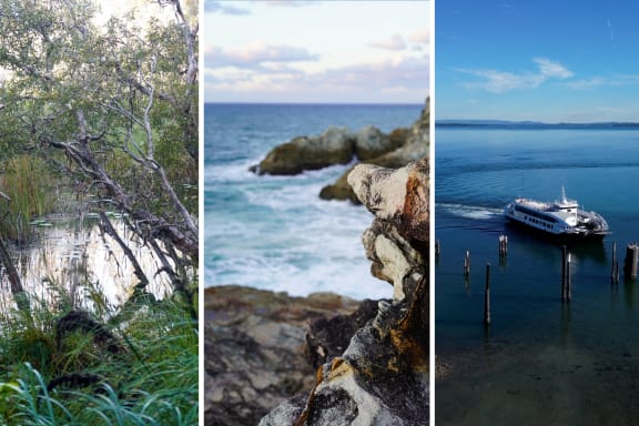 (L-R): Eighteen Mile Swamp, Point Lookout and Dunwich on Minjerribah (North Stradbroke Island)