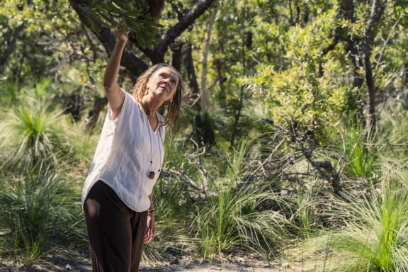 Aunty Sharron mirii Bell, proud Gamilaraay and Wiradjuri woman, children’s performer and educator at Banksia Beach on Bribie Island