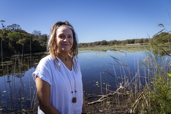 Aunty Sharron mirii Bell, proud Gamilaraay and Wiradjuri woman, children’s performer and educator at Buckley’s Hole, Bribie Island