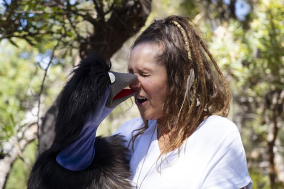 Aunty Sharron mirii Bell, proud Gamilaraay and Wiradjuri woman, children’s performer and educator with Dinawan the Emu at Banksia Walk