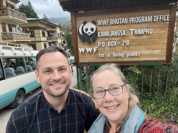 WWF-Australia's Patrick Giumelli (Threatened Species Manager) and Dr Leonie Valentine (Senior Manager Species Conservation) outside WWF-Bhutan's Program Office.