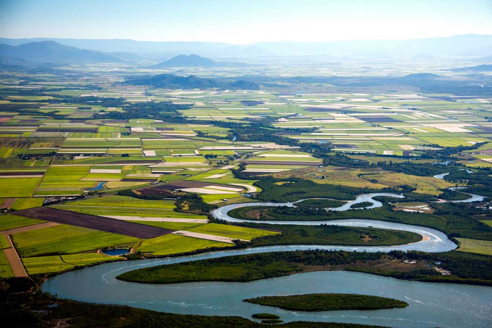 Aerial view of the sugar cane fields in the Mackay region, Queensland, June&nbsp;2013