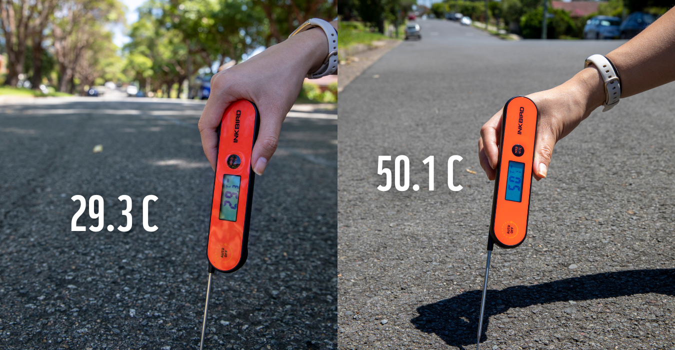 A thermometer shows the surface temperate in two parallel streets in Toongabbie in Sydney’s west on 16 February 2023
