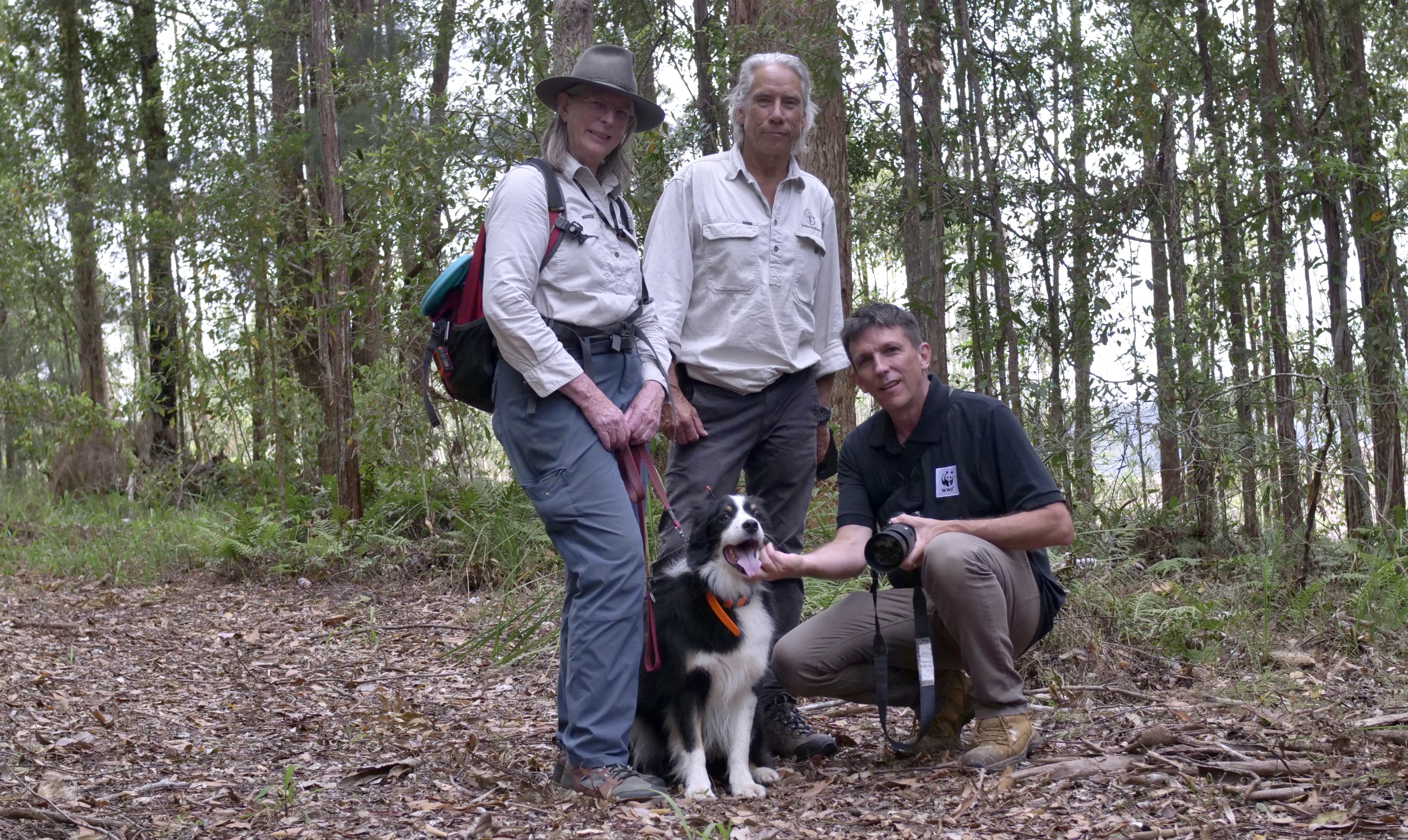 Lynn Baker and Brad Nesbitt from Canines for Wildlife (standing), Dr Stuart Blanch (kneeling) beside detection dog Fen.