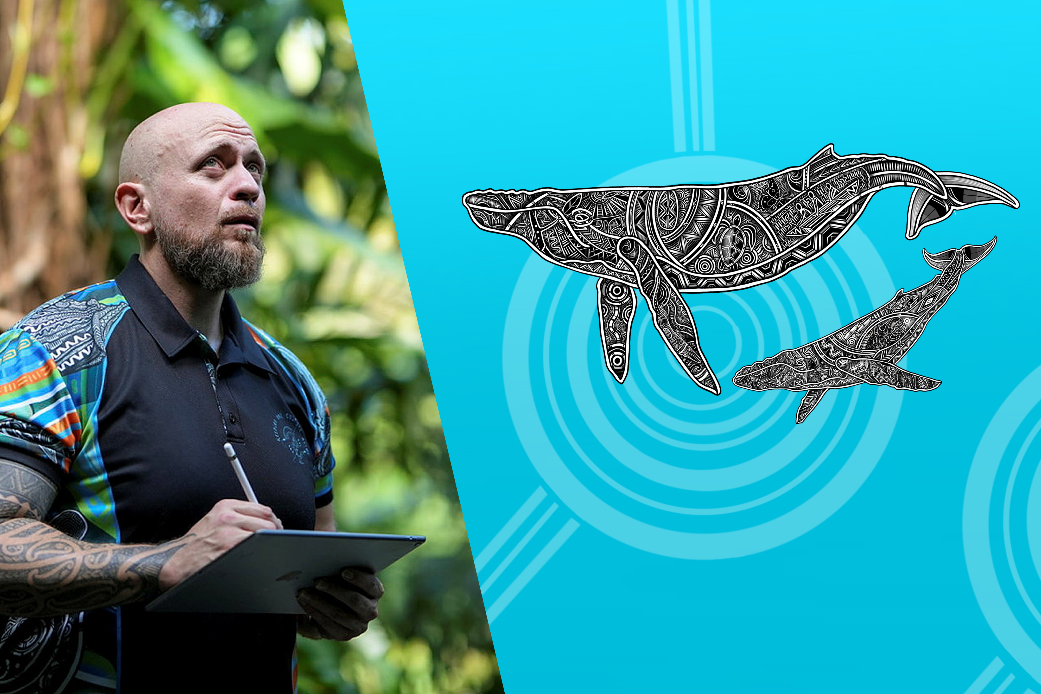 L-R) Jirrbal (Aboriginal), Wagedoegam (Torres Strait Islander) and Ngāpuhi (Maori) artist Beau Pennefather‑Motlop and an example of his ocean species art featuring humpback whales.