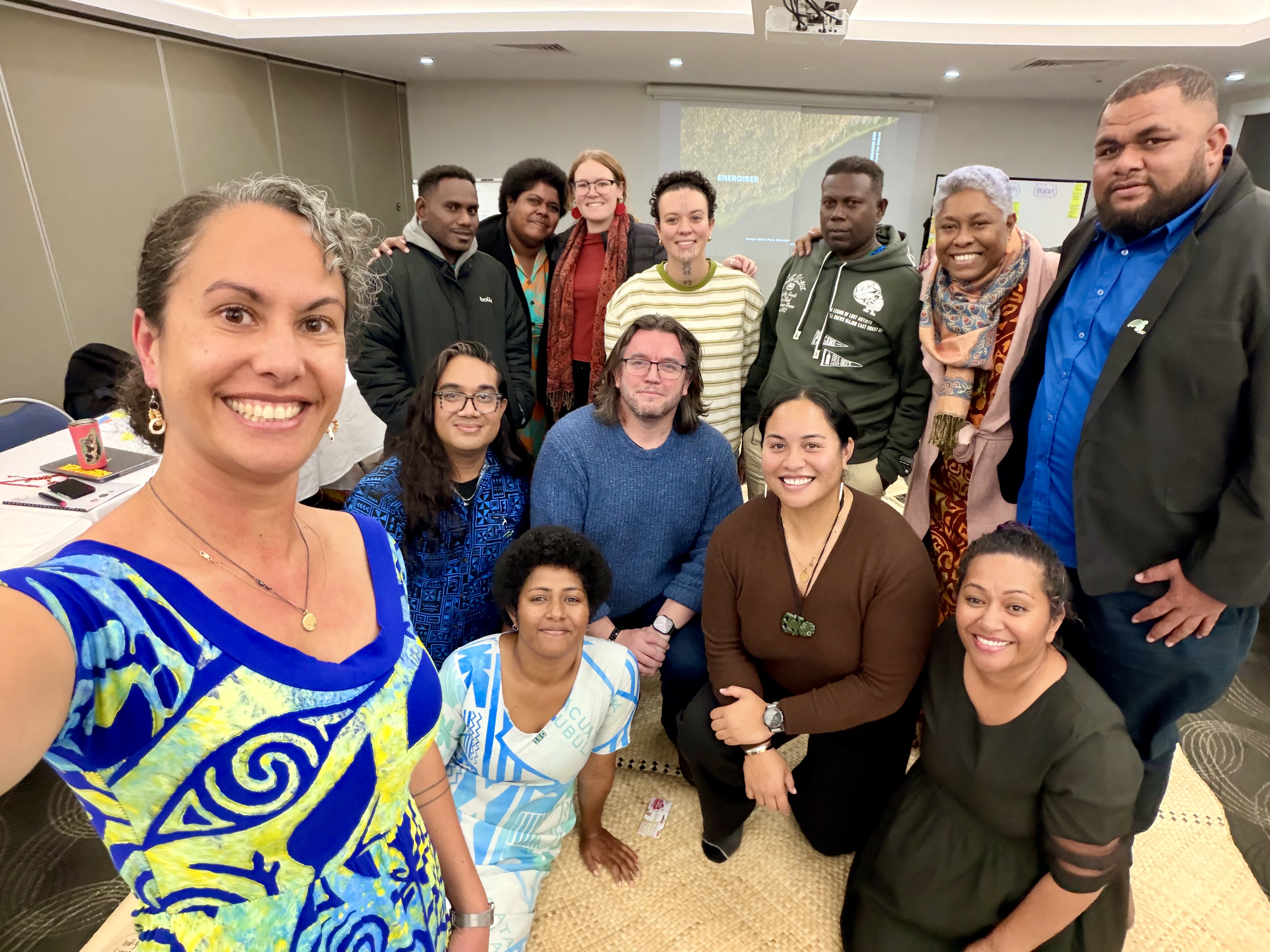 Front row left to right: Kesaya Baba – WWF Australia; Alfred Ralifo – WWF Pacific; Talei Silibaravi – Macuata, Fiji; Nat Burke – WWF Australia; Anahera Nin - Pou Take `Ahuarangi of the National Iwi Chair Forum, Aotearoa; Kesaia Vasutoga – WWF Australia
Back row left to right: Francis Quina – Beiporo Community, Solomon Is.; Lavenia Naivalu – Ba Province, Fiji; Takesa Frank – Yuin Country, NSW, Australia; Moale James-Proud – Facilitator; Jonathan Bukiri – Pusiju Community, Solomon Is.; Margaret Vakalalabure – WWF Pacific; Mosese Volavola – Nadroga Province, Fiji.